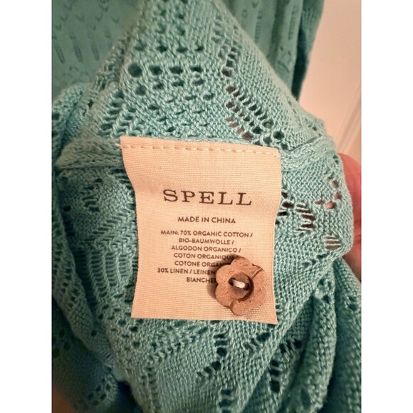 Spell Siesta Knit Dress Women’s Size M Teal Blue Crochet Midi 3/4 Sleeve - Picture 4 of 6